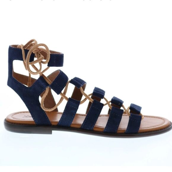 FRYE BLAIR SIDE WOMENS BLUE BROWN SUEDE GLADIATOR SANDALS SHOES SZ 7.5 - Picture 1 of 8
